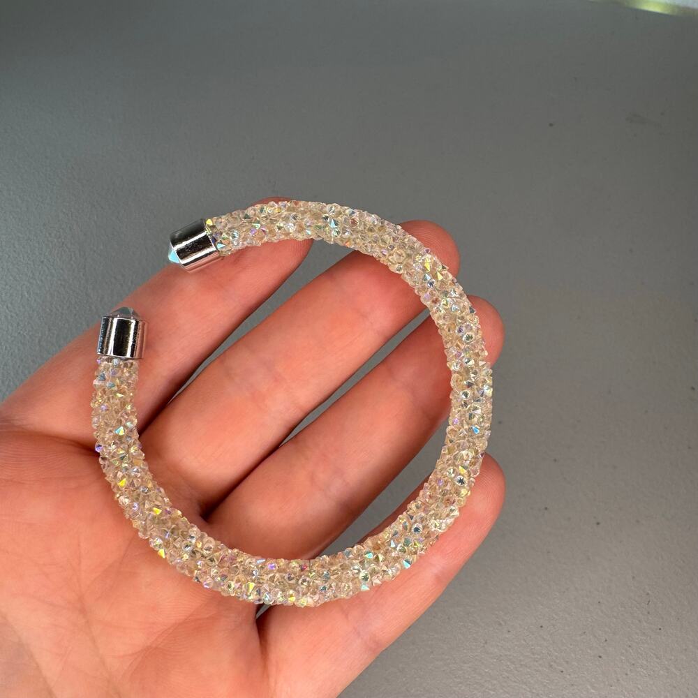 crystal mesh open cuff bracelet clear AB rhinestone silver tone sparkle